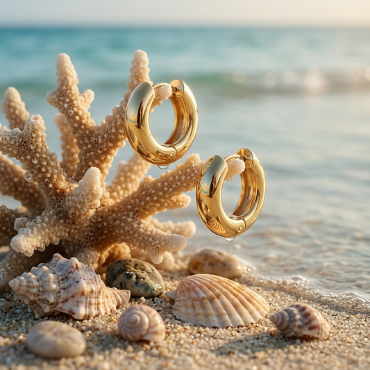 Stainless Steel gold tone huggie earrings on coral with a beach background