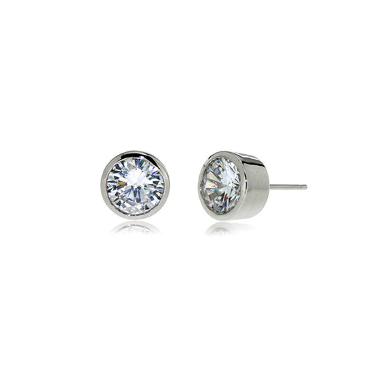 Sterling silver 8mm round bezel Cubic Zirconia studs in rhodium plating - Iluka Jewellery
