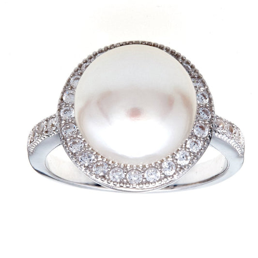 Sybella Freshwater Pearl and Cubic Zirconia Ring in Sterling Silver in size P - Iluka Jewellery