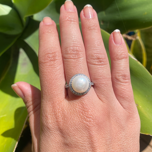 Sybella Freshwater Pearl and Cubic Zirconia Ring in Sterling Silver in size P - Iluka Jewellery