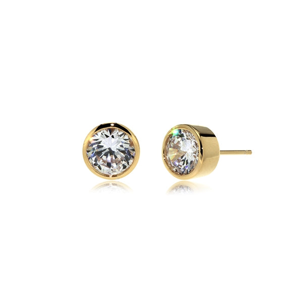 Sterling silver 8mm round bezel Cubic Zirconia studs in rhodium plating -  Iluka Jewellery