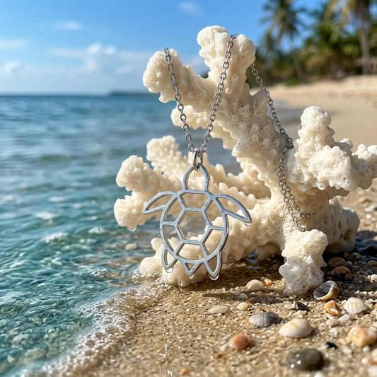 Silver turtle pendant necklace on coral with ocean and beach background