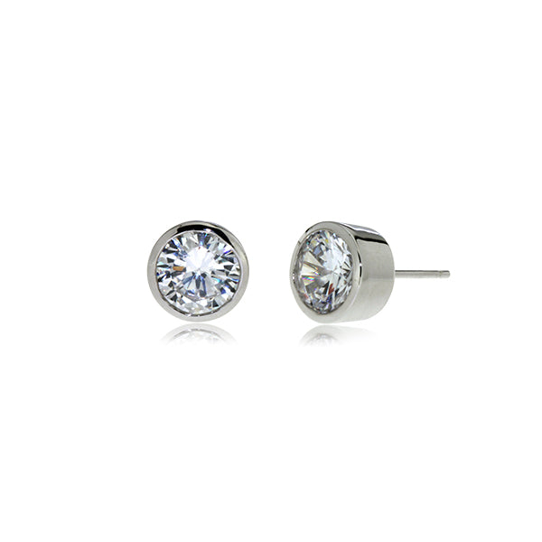 Sterling silver 8mm round bezel Cubic Zirconia studs in rhodium plating -  Iluka Jewellery